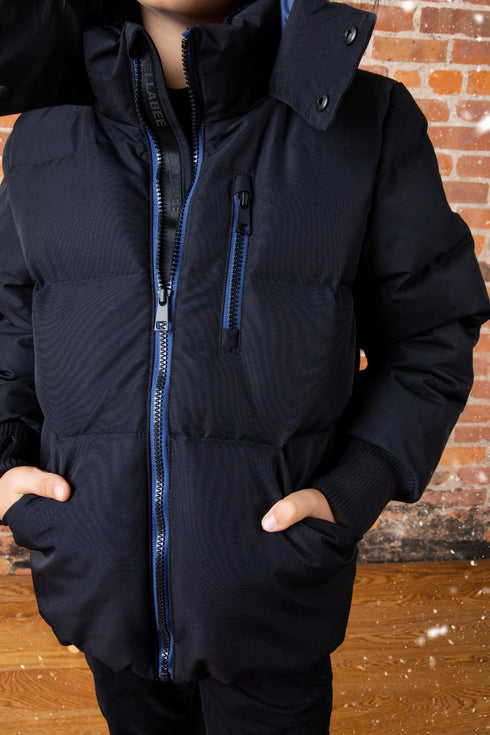 Ellabee Black & Blue Zipper Coat with Fur Hood